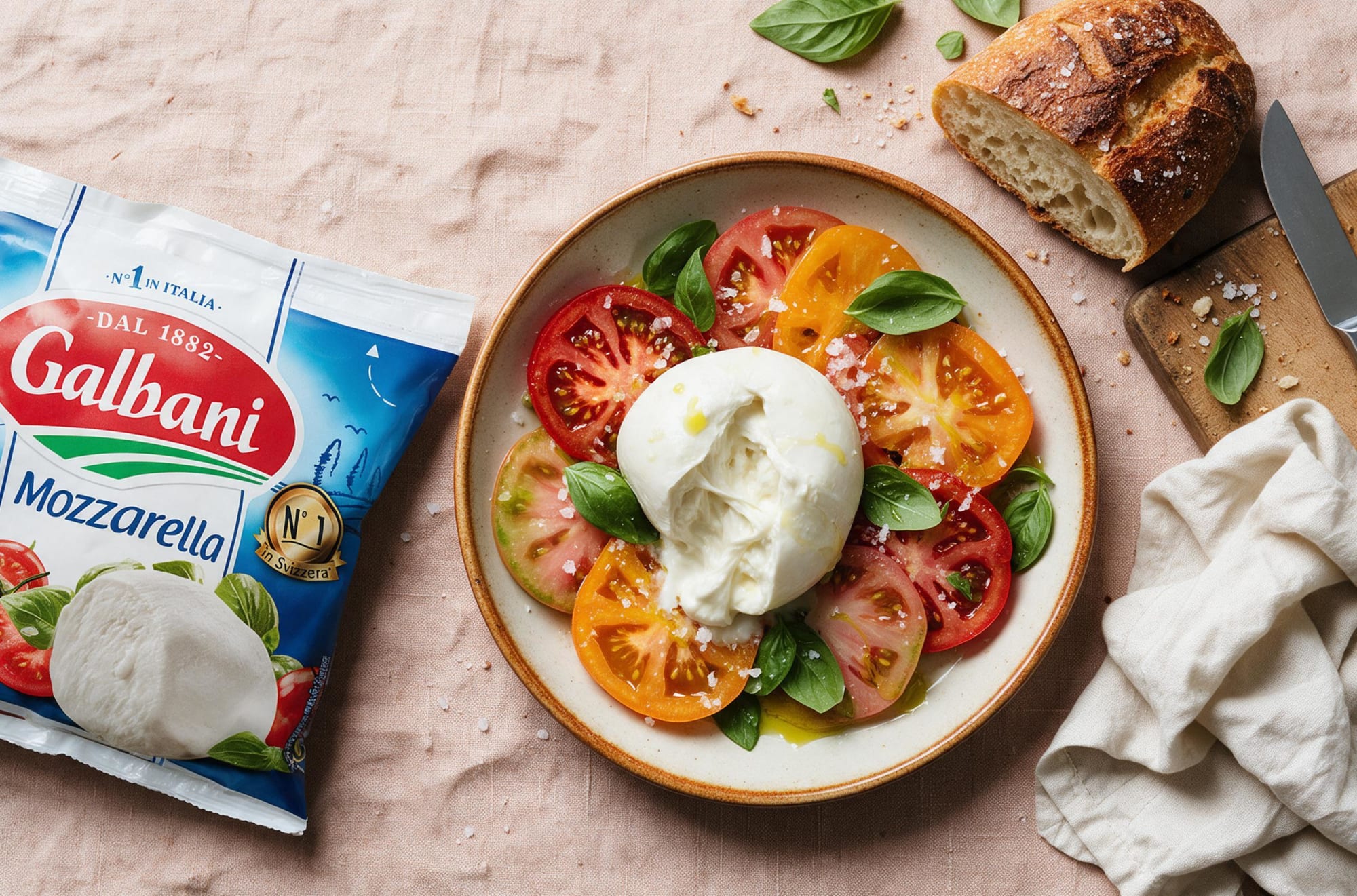 Galbani mozzarella bag beside torn mozzarella on heirloom tomatoes with basil, seen from above