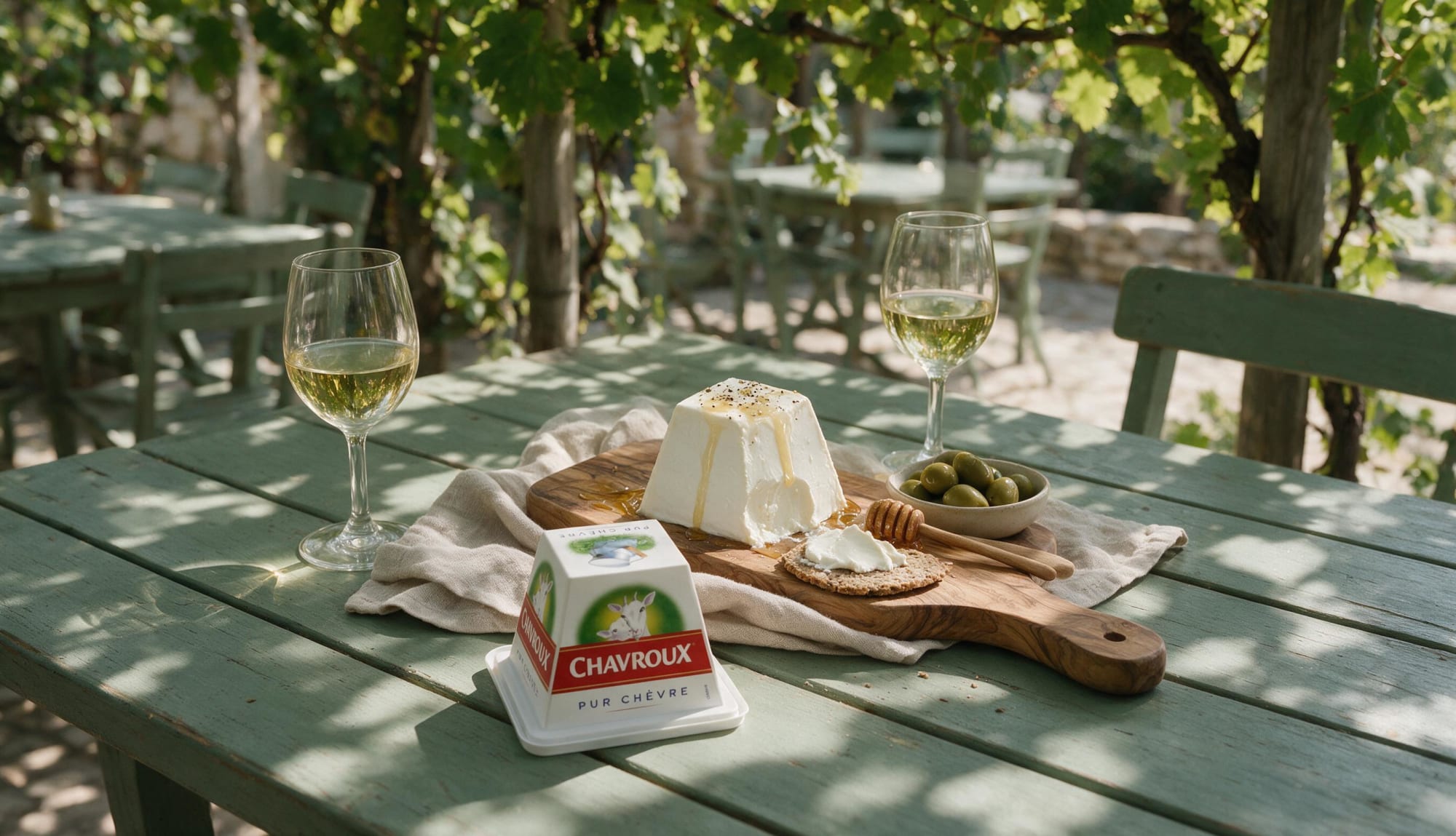 Chavroux goat cheese pack and a cut goat cheese pyramid with honey, olives, crackers and white wine under a vine
