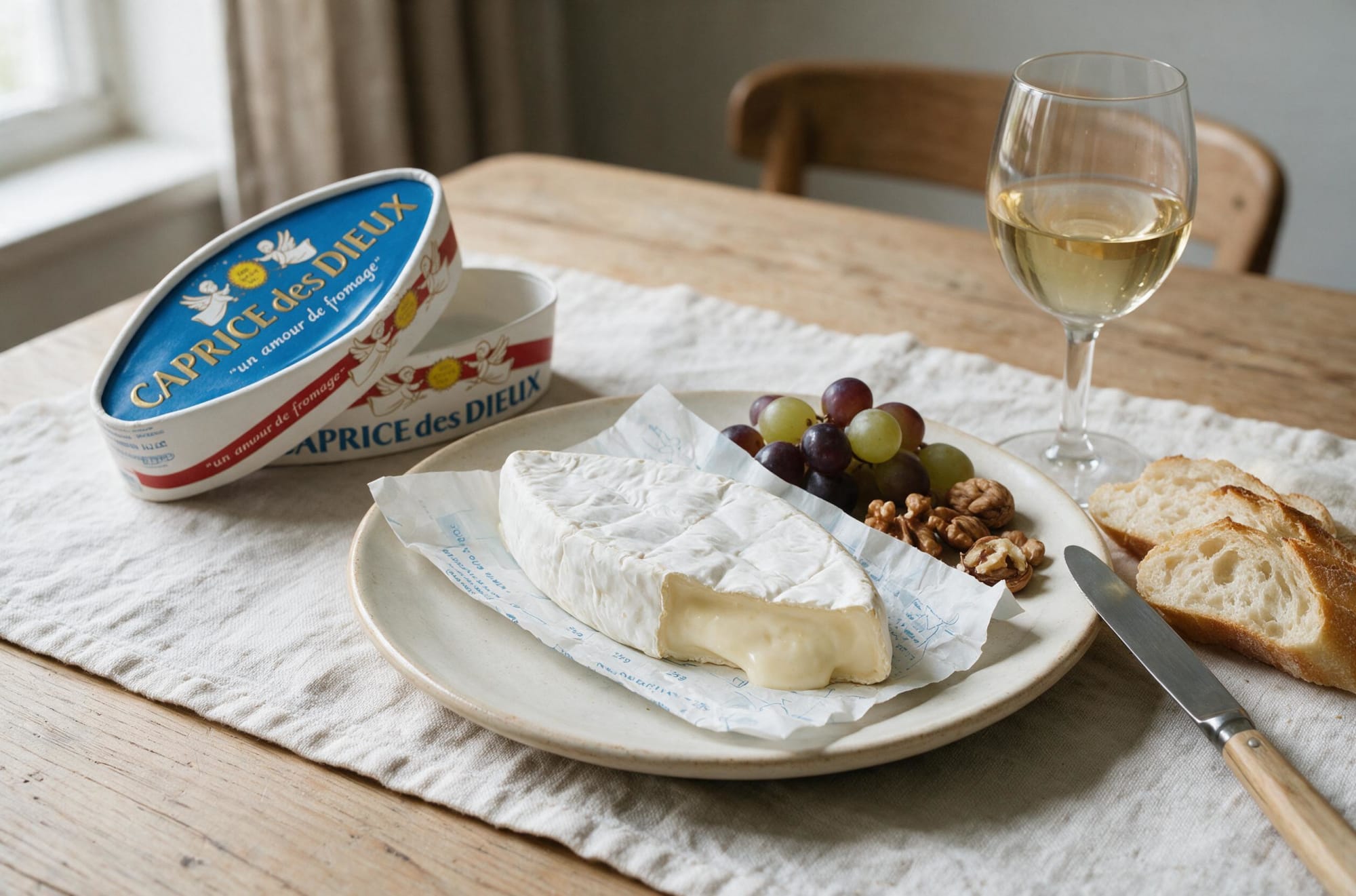 Caprice des Dieux box beside the oval cheese cut open, with grapes, walnuts, bread and white wine