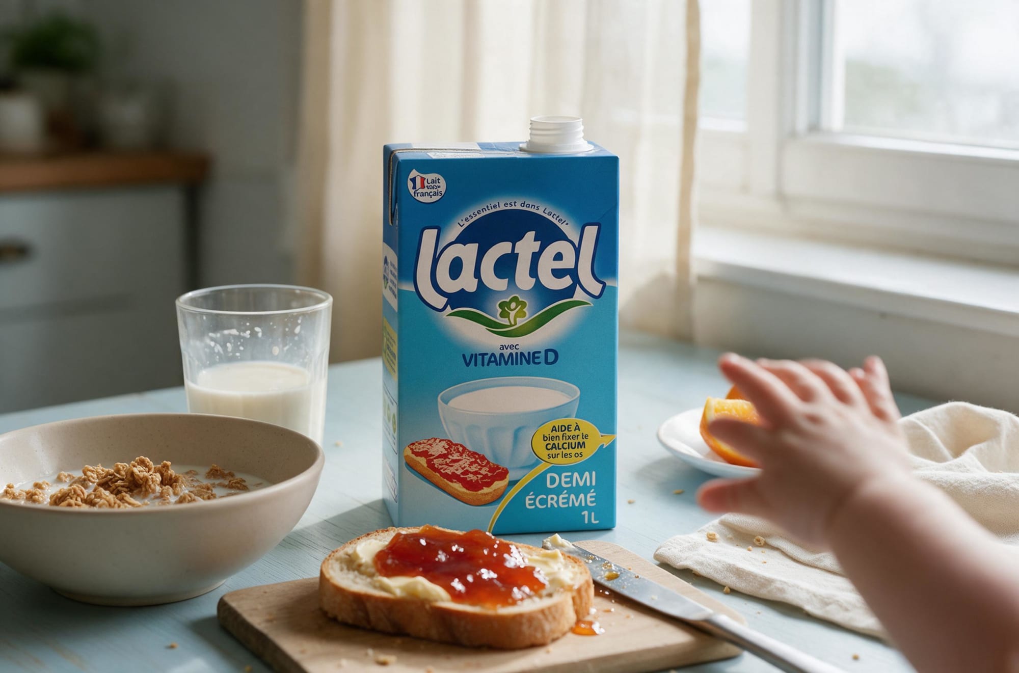 Lactel semi skimmed milk carton at breakfast with granola, jam toast and a child reaching for a glass of milk