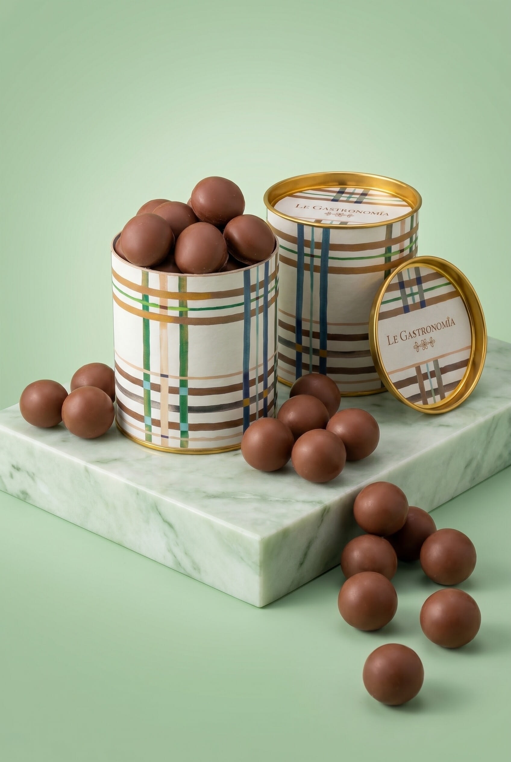 Plaid Le Gastronomia tins with chocolate pearls on a marble block against mint green