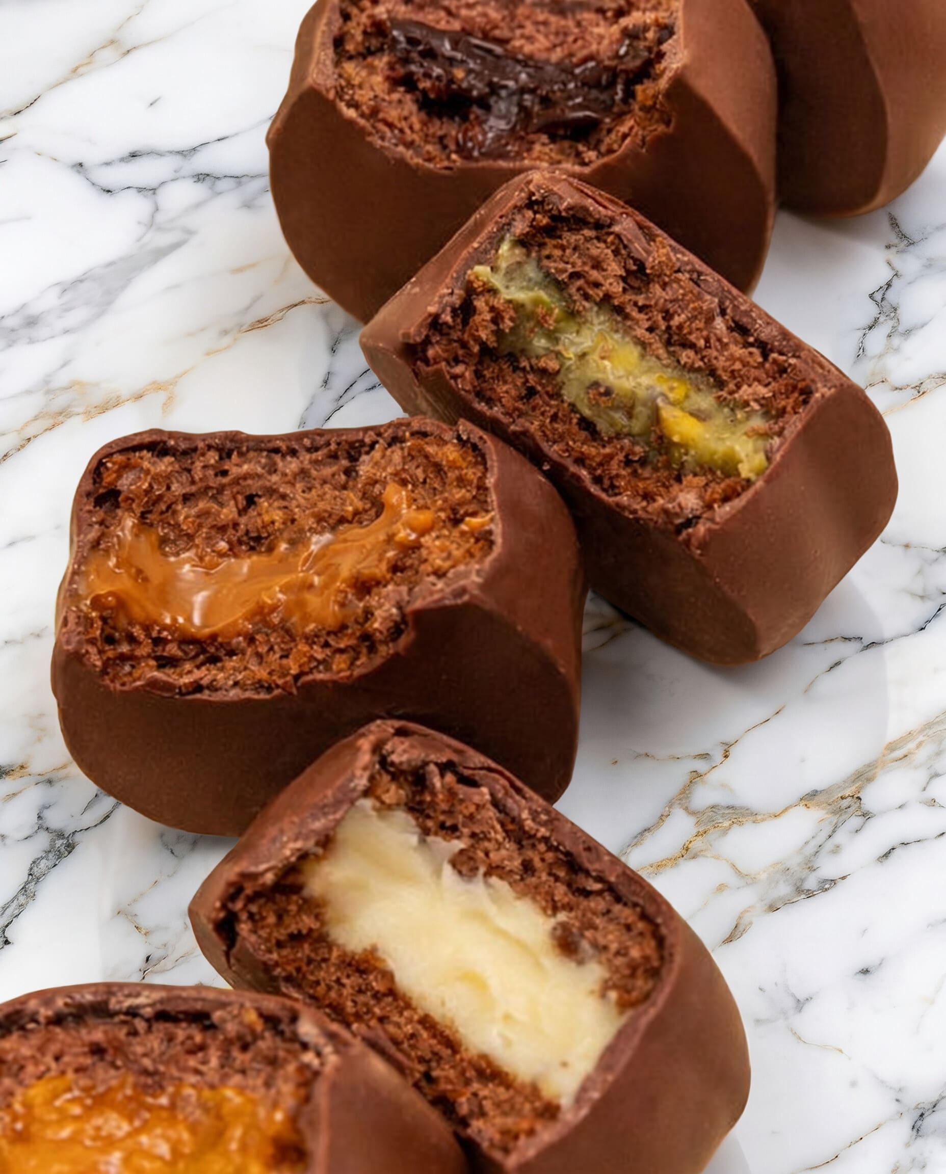 Overhead close up of sliced chocolate bonbons with assorted fillings on white marble