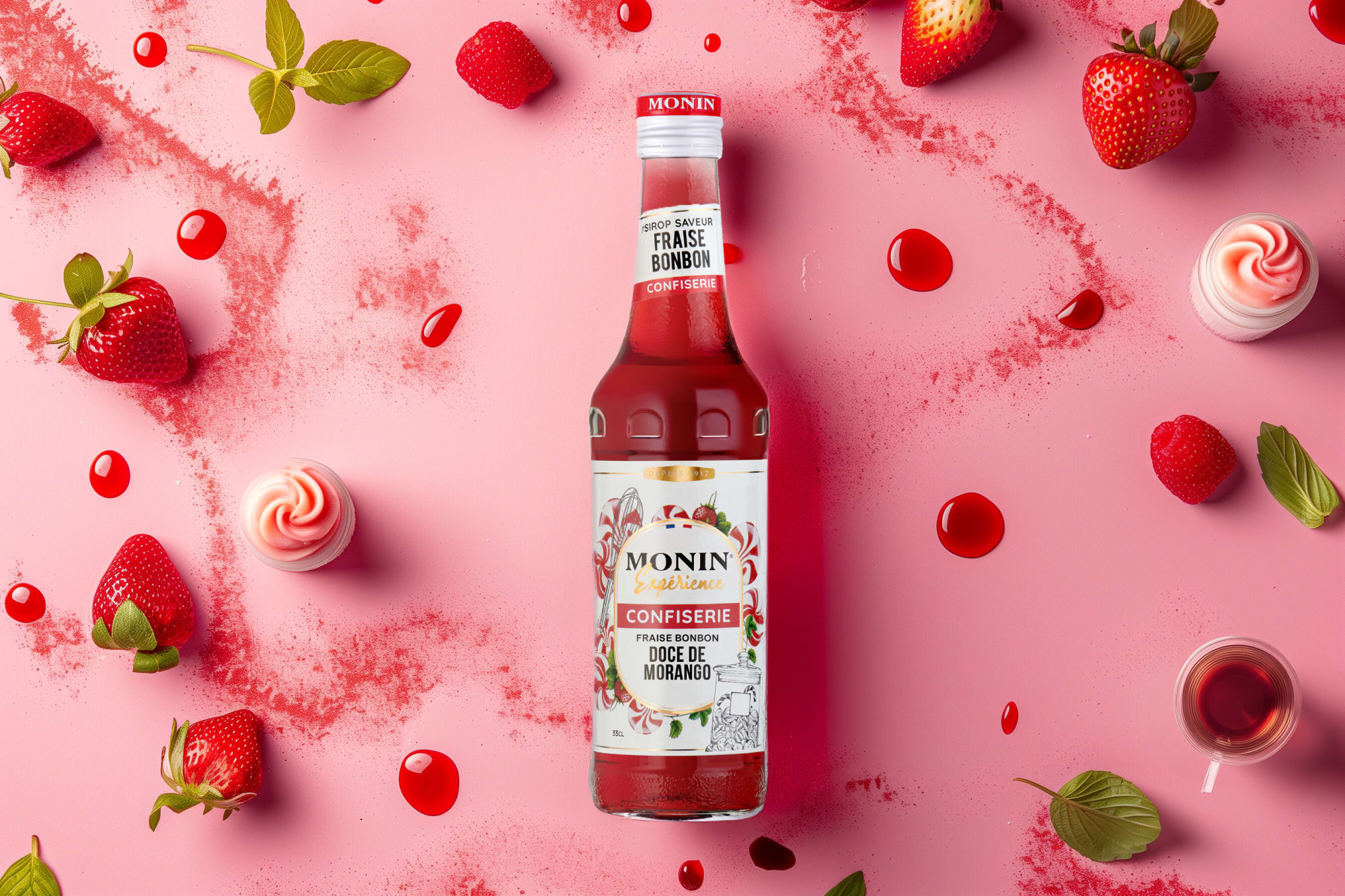 Monin strawberry syrup bottle with strawberries, red drops and swirl candies on pink
