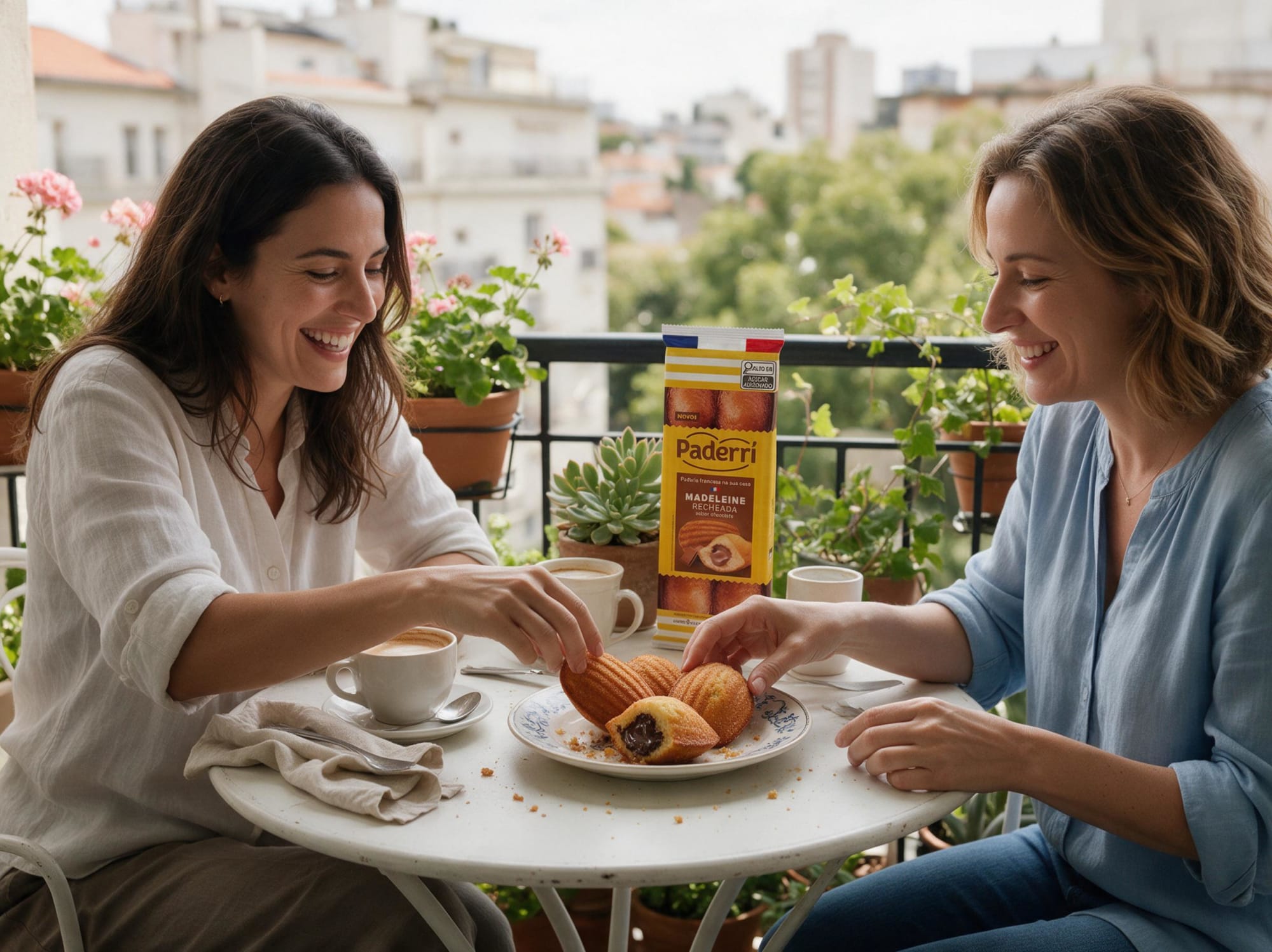 Dos mujeres compartiendo magdalenas rellenas de chocolate Paderri y café en una mesa de balcón