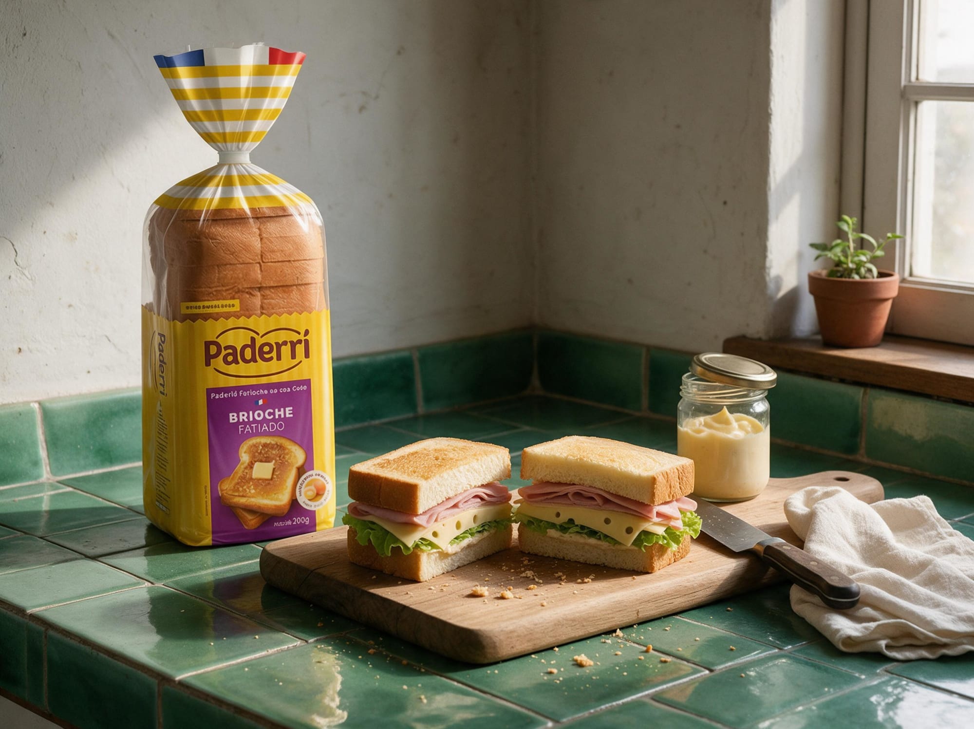 Bolsa de brioche rebanado Paderri junto a sándwiches de brioche de jamón y queso sobre una barra de azulejo verde
