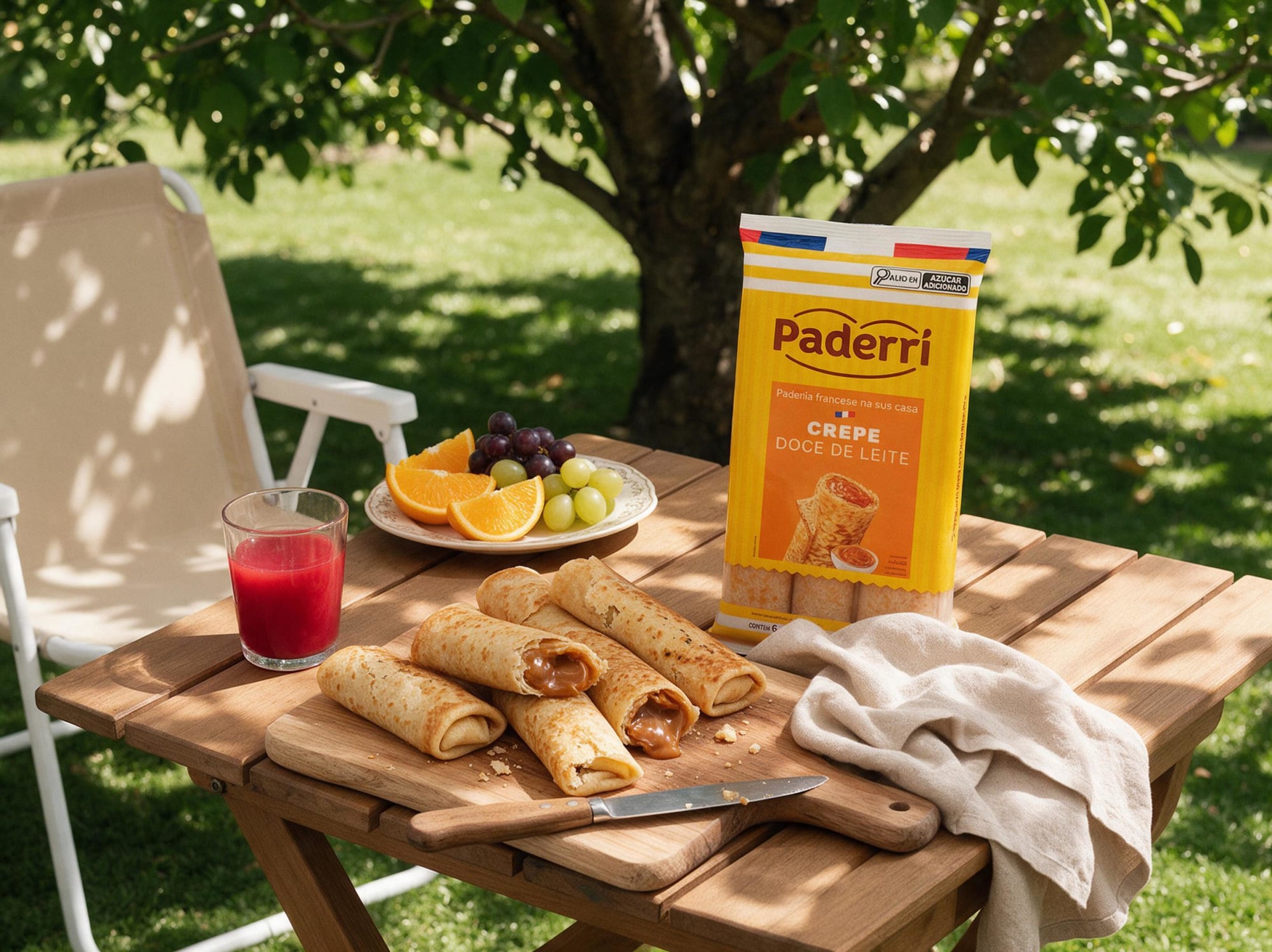 Paquete de crepas de dulce de leche Paderri con crepas enrolladas, jugo y fruta en una mesa de jardín bajo un árbol