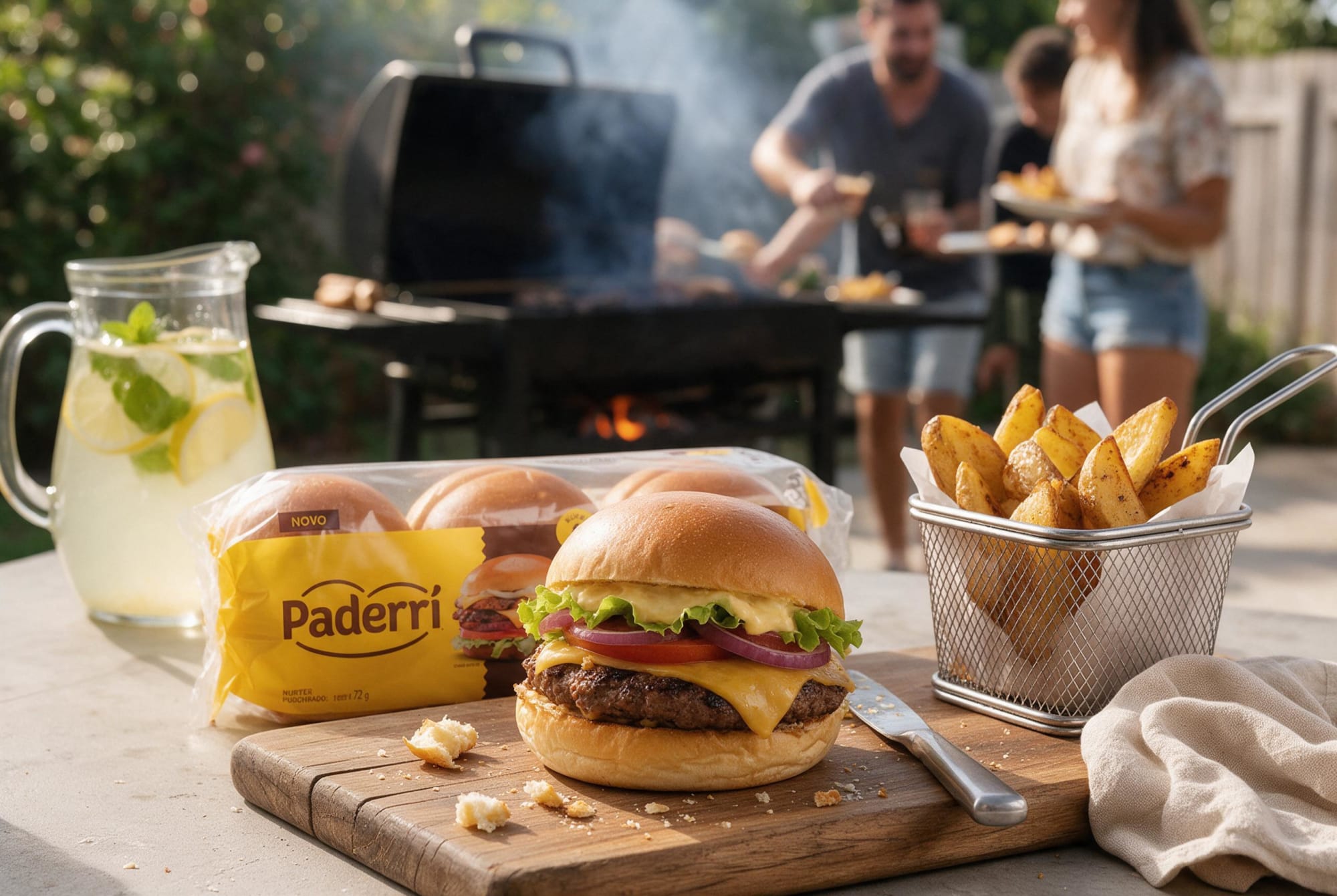 Paquete de pan para hamburguesa Paderri detrás de una hamburguesa con queso, papas fritas y limonada en una parrillada en el patio