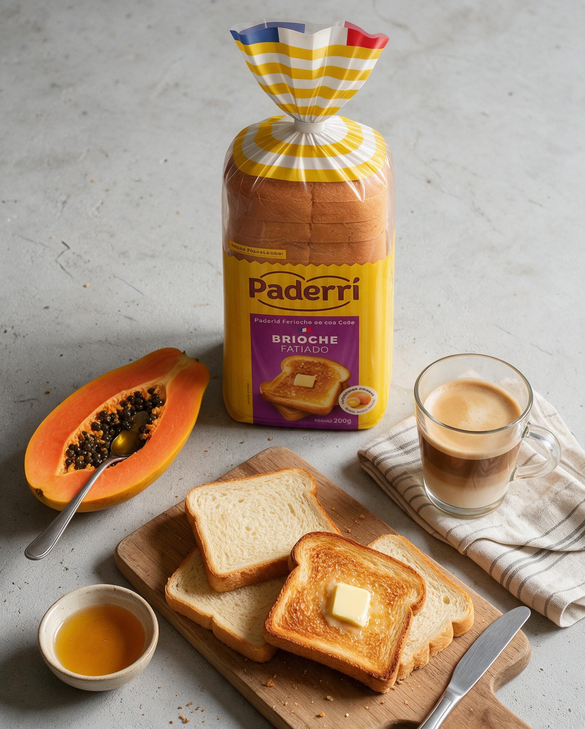 Paderri sliced brioche bag with buttered brioche toast, papaya, honey and café com leite from above on concrete
