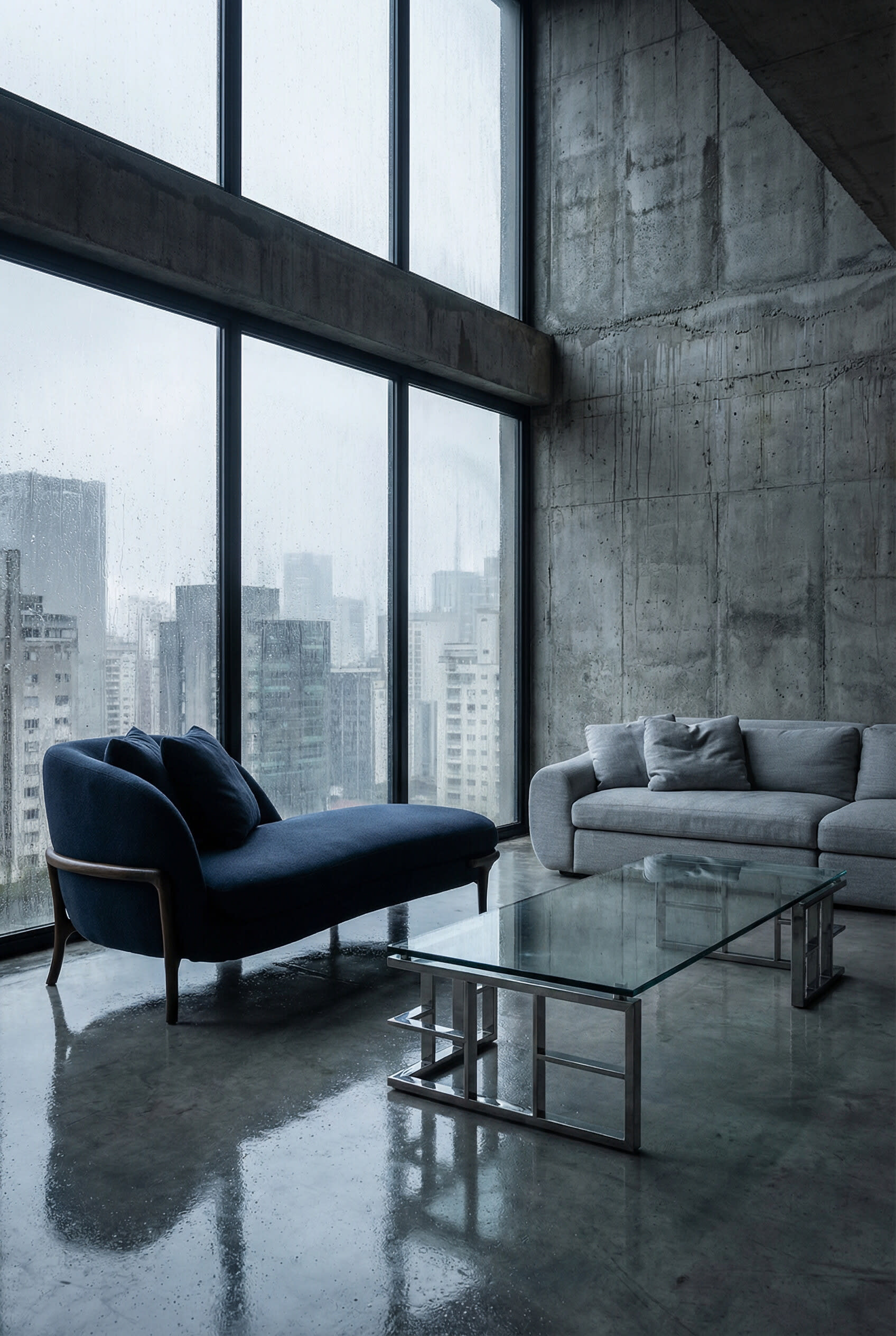 A navy Artefacto Papillon chaise and glass coffee table in a concrete loft over the city