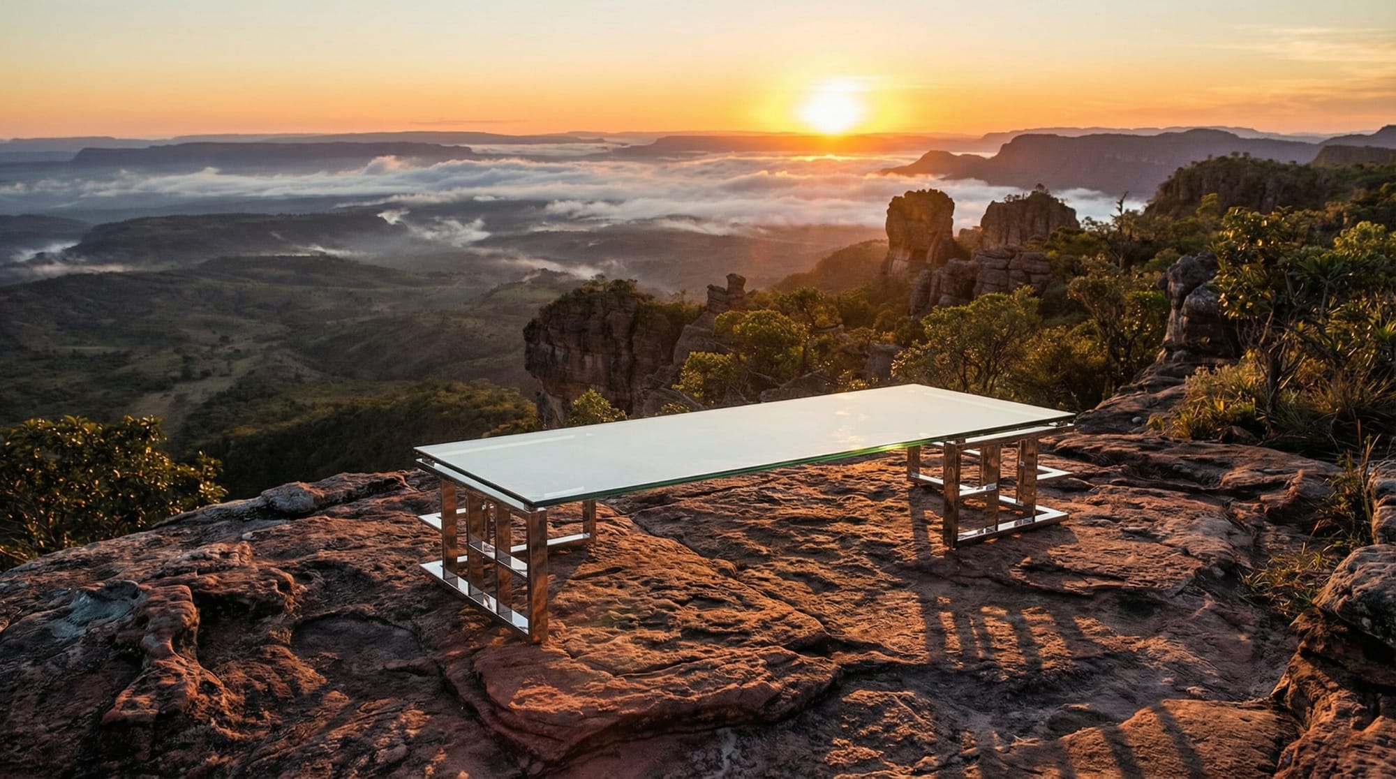 A glass and steel Artefacto Eduardo coffee table on a cliff edge at sunrise