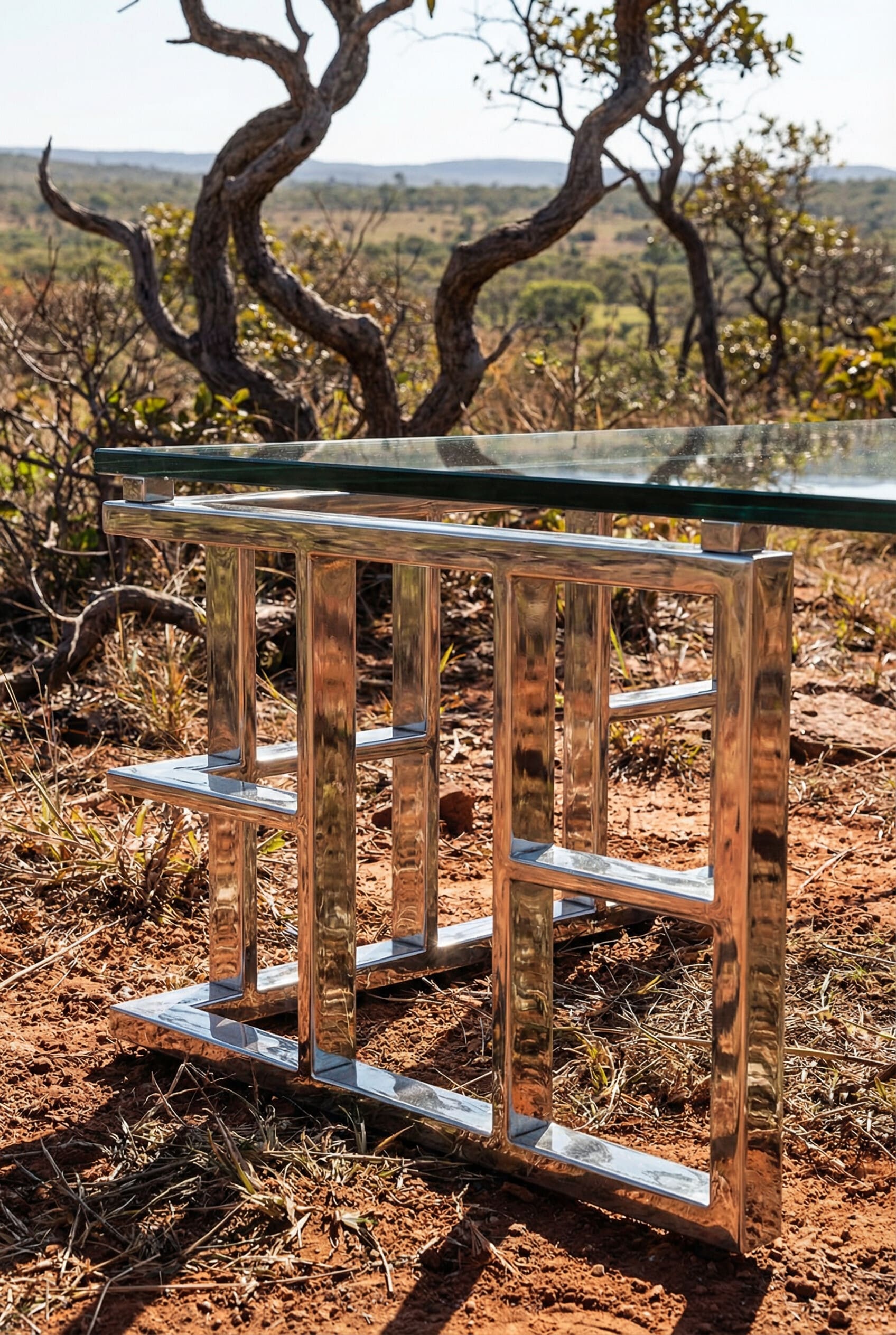 Close view of the polished steel grid base of a glass coffee table in dry grass