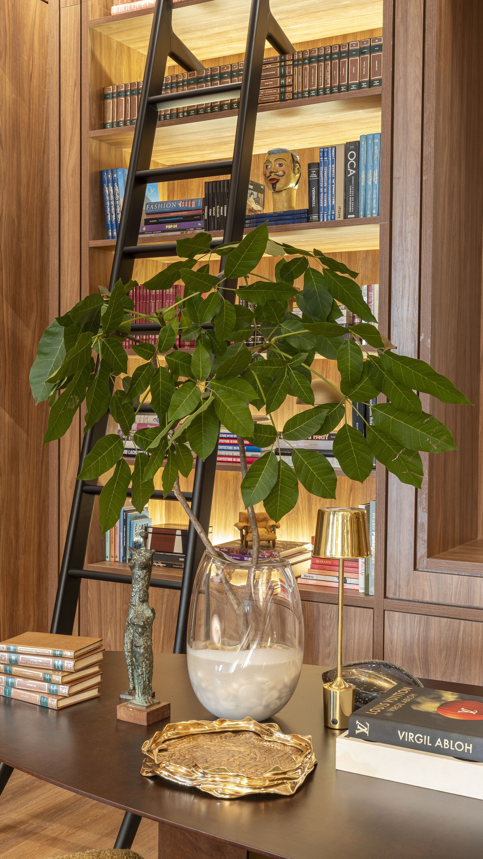 Library ladder against lit shelves behind a desk with a glass vase and plant