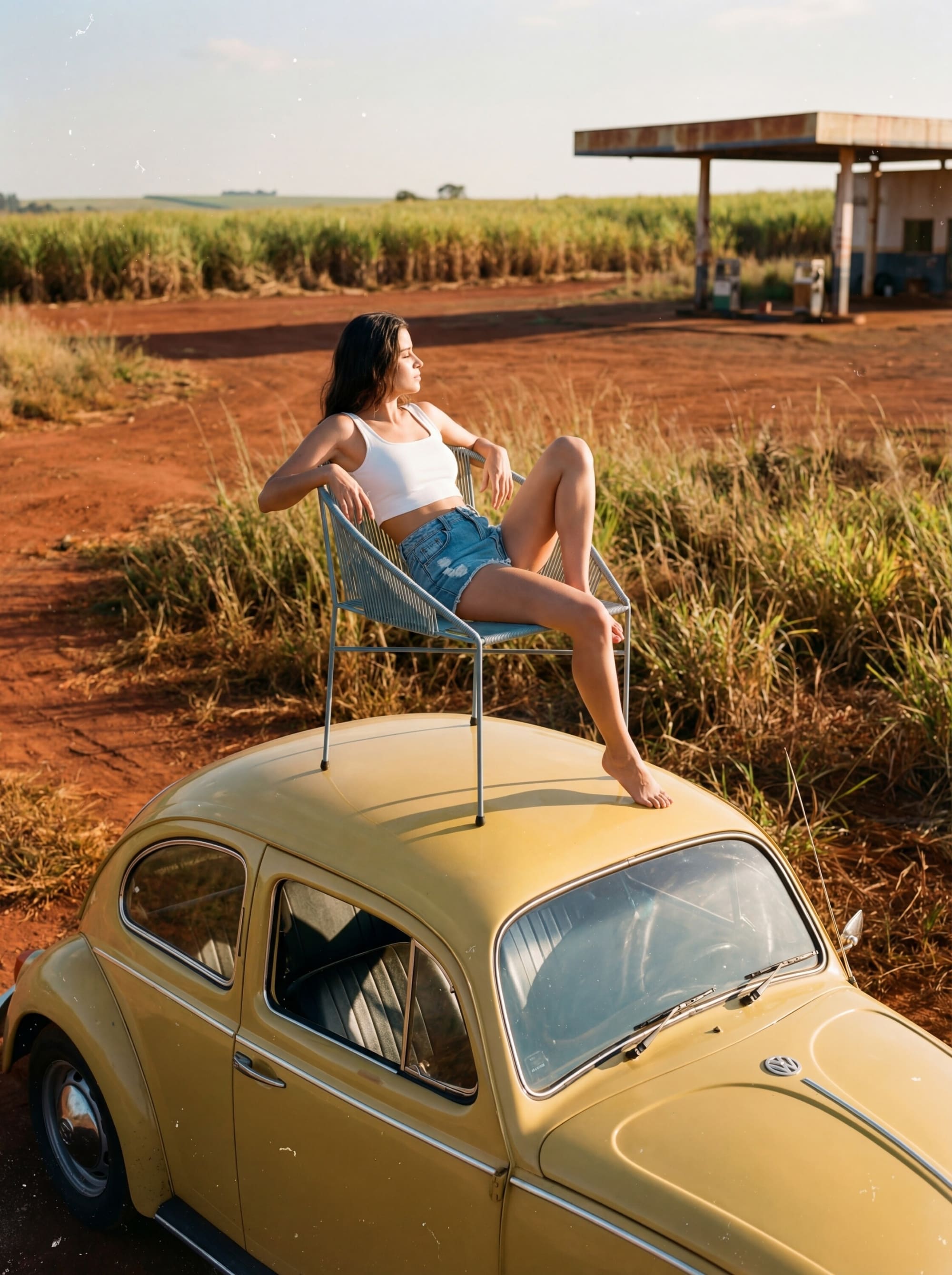 A model in denim shorts lounging on a blue wire chair set on a yellow Beetle roof