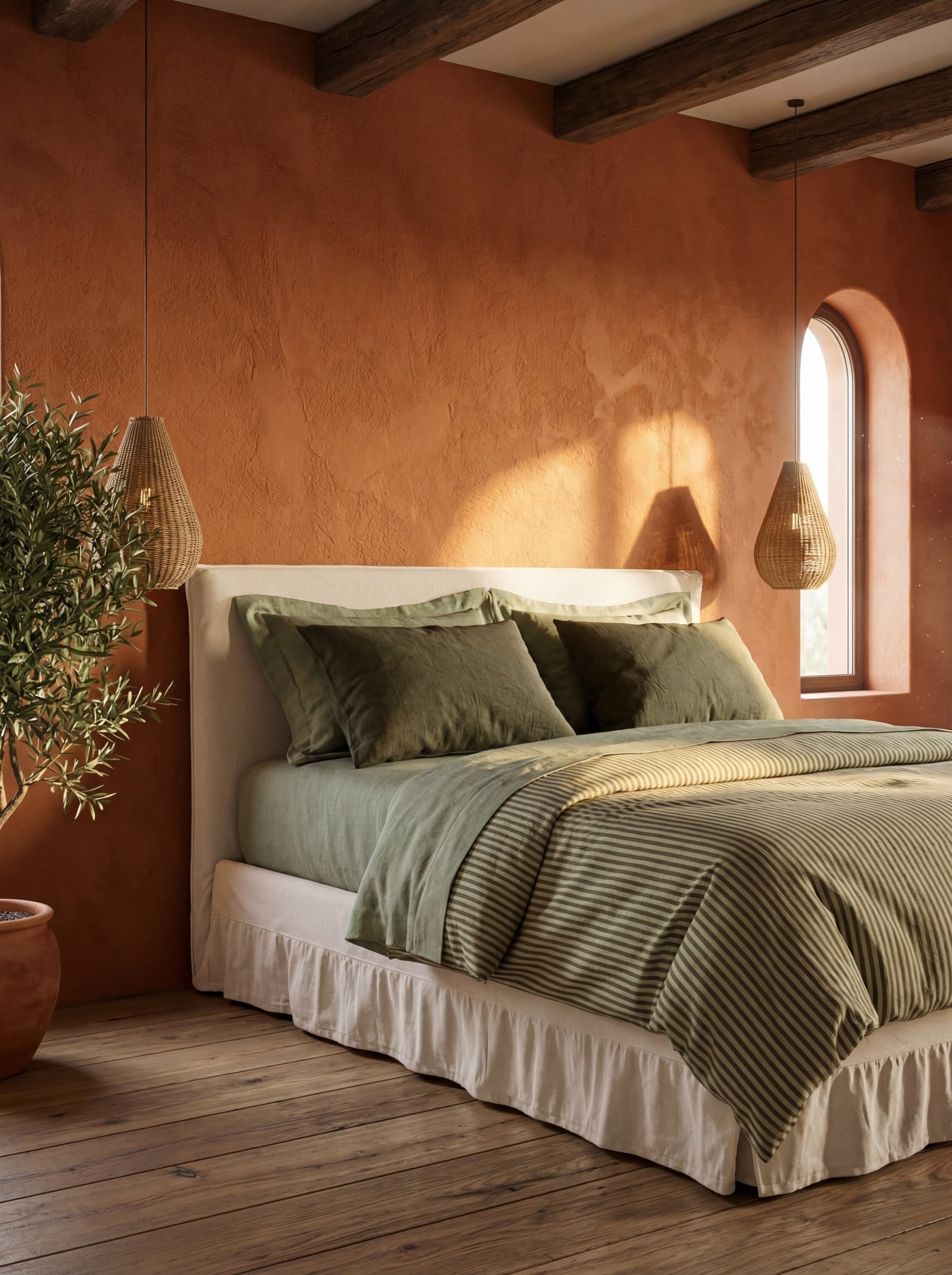 Angled view of a green linen bed with a ruffled skirt under beams and an arched window