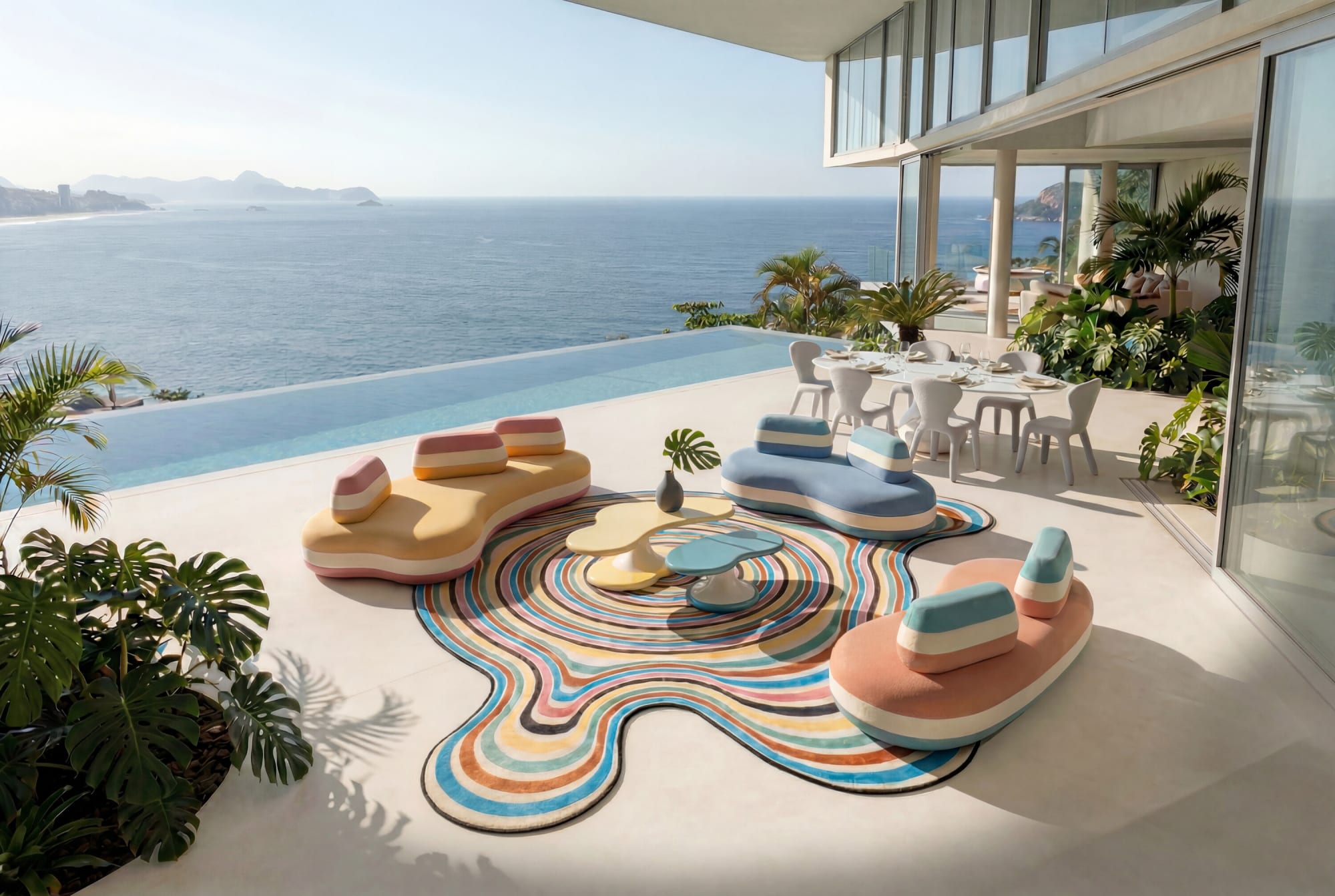 Striped Roche Bobois Bombom sofas on a wavy rug on a cliff terrace with an infinity pool