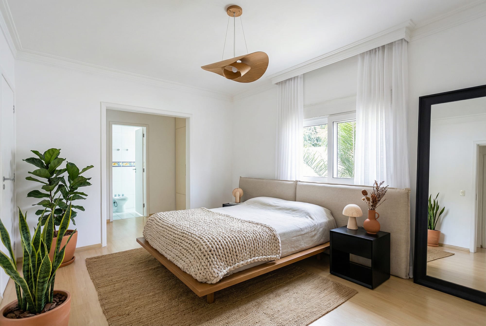 Bedroom with linen headboard, knitted throw and jute rug