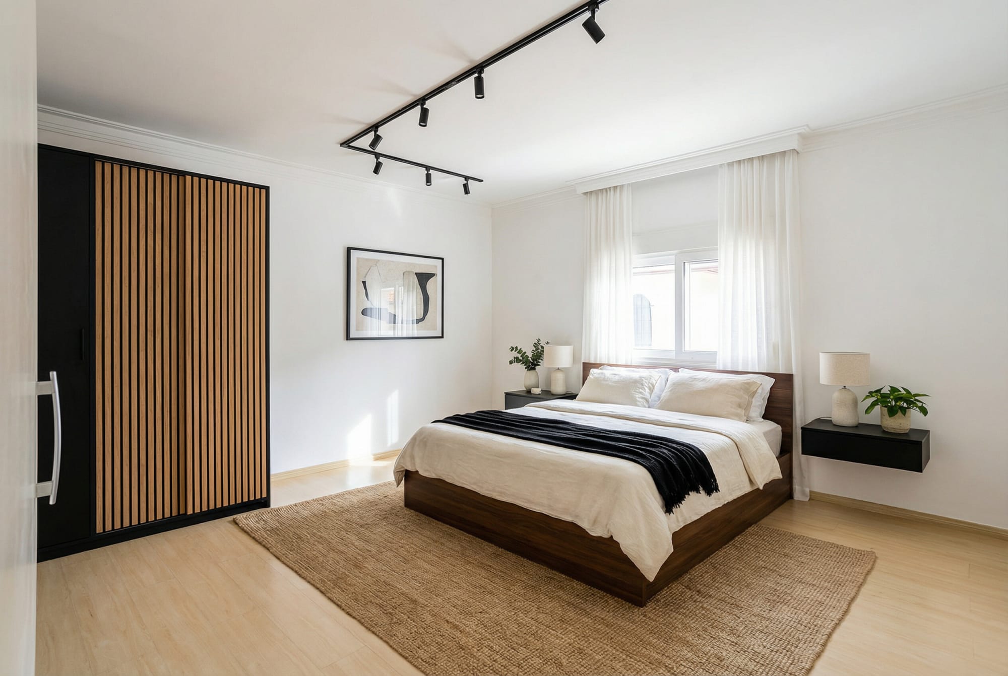 Bedroom with walnut slat wardrobe, black throw and jute rug