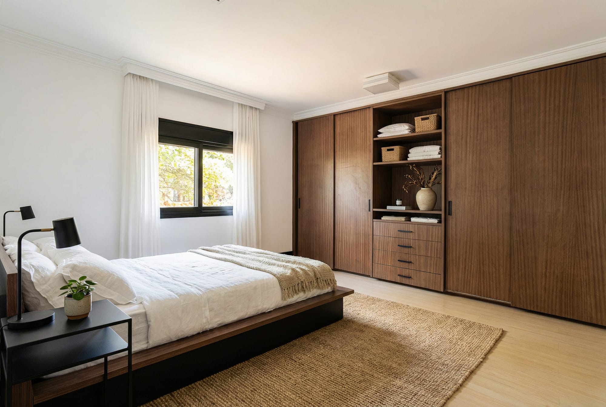 Bedroom with low walnut bed, wall of walnut cabinets and jute rug