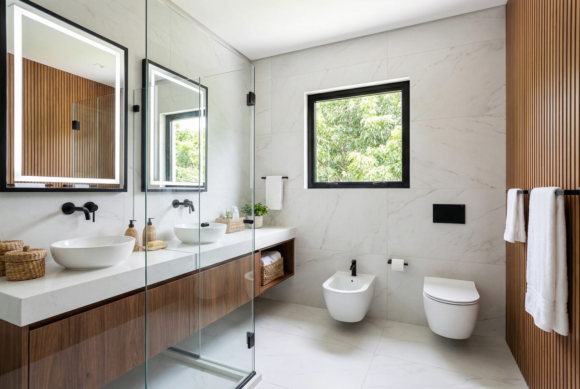 Bathroom with walnut vanity, two basins and lit mirrors