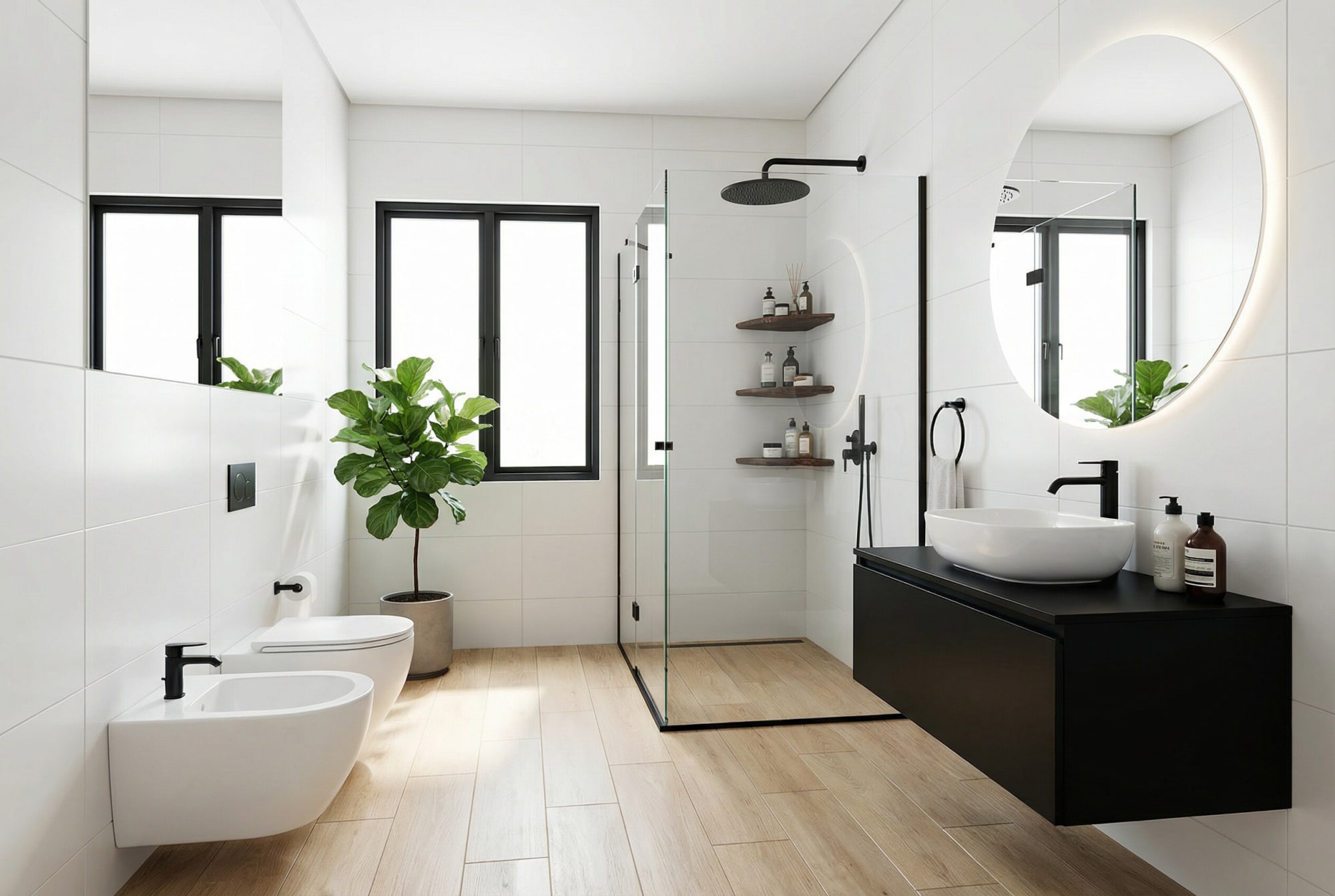 White bathroom with black vanity, round lit mirror and walk in shower