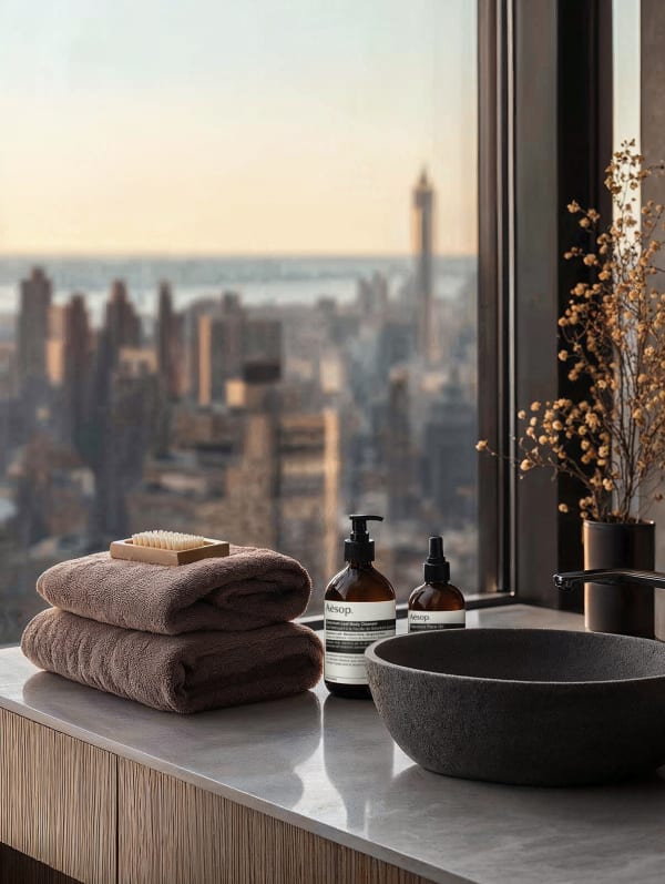 Aesop bottles beside brown towels and a stone basin at a city window at dusk