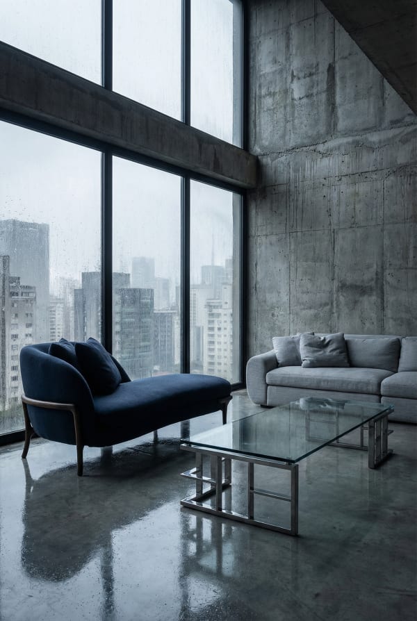 A navy Artefacto Papillon chaise and glass coffee table in a concrete loft over the city