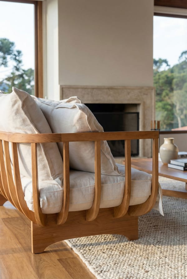 A curved teak armchair with linen cushions beside a fireplace in a mountain house