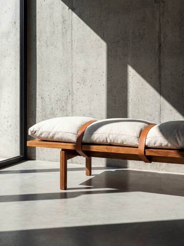 A wooden L'Oeil bench with cream cushions in raking sun against a concrete wall
