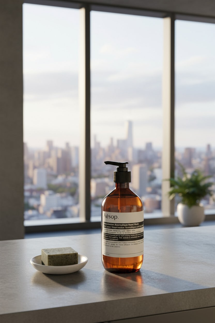 Aesop hand wash bottle and a soap dish on a grey counter above a city skyline