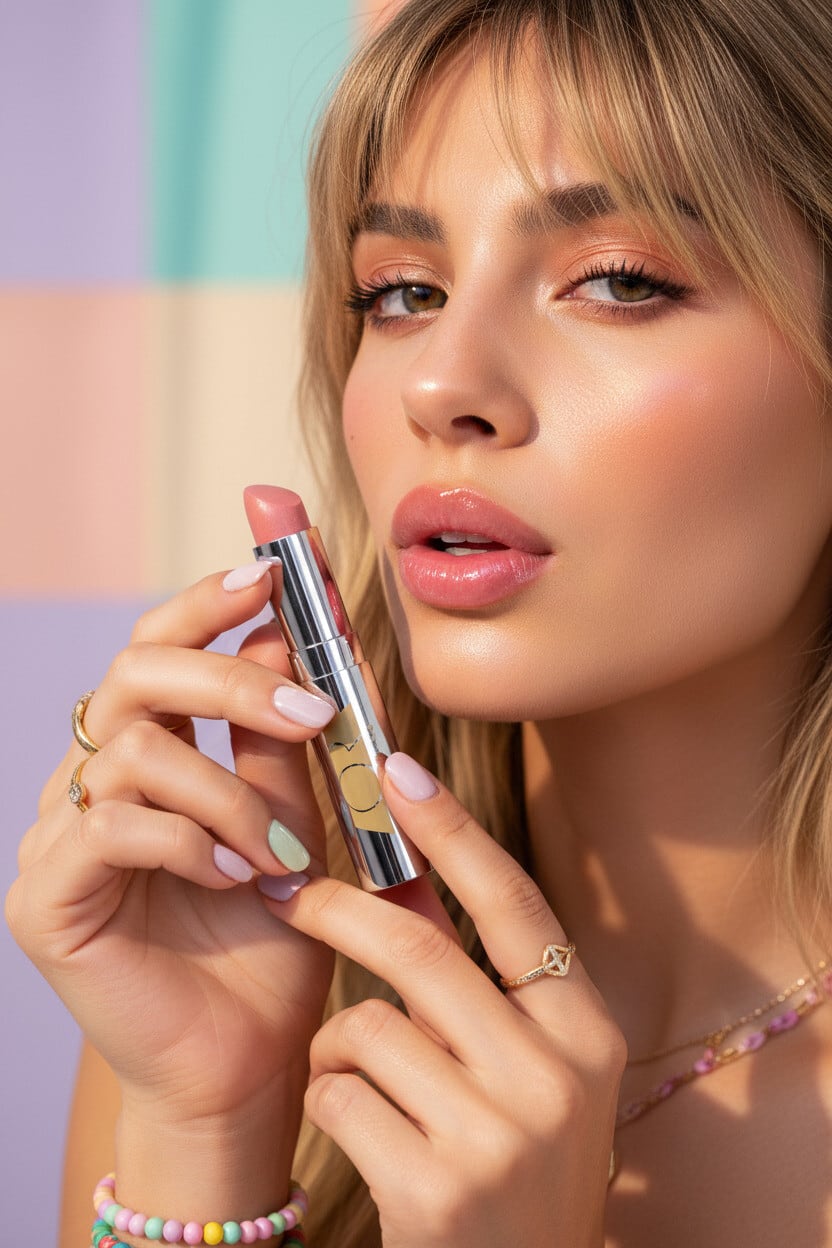 AORA rose nude lip serum in a silver bullet held up against pastel colour blocks