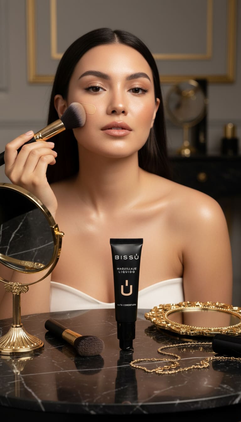 Bissú liquid foundation tube on black marble with a gold mirror while a brush buffs the cheek