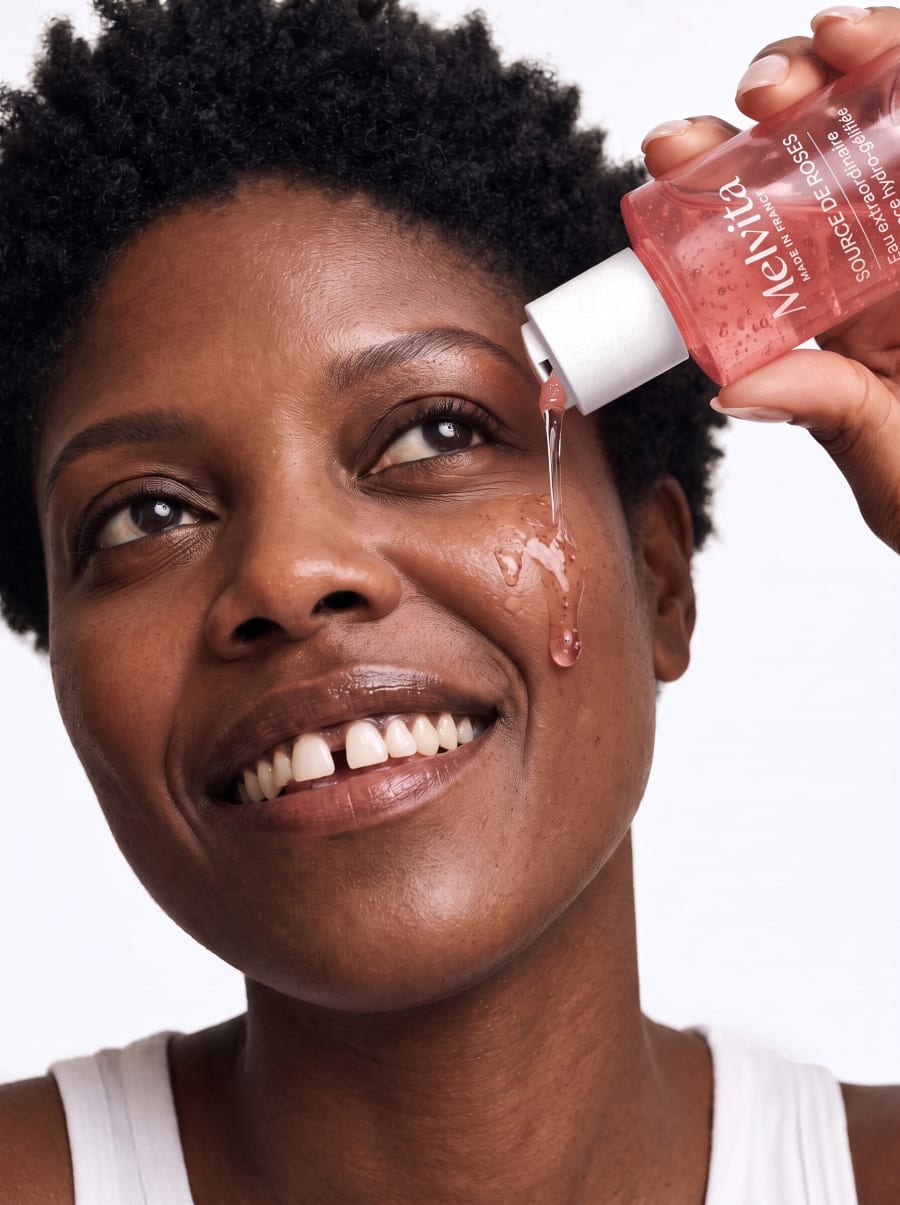 Melvita Source de Roses dropper tipping pink essence onto the cheek, white tank top