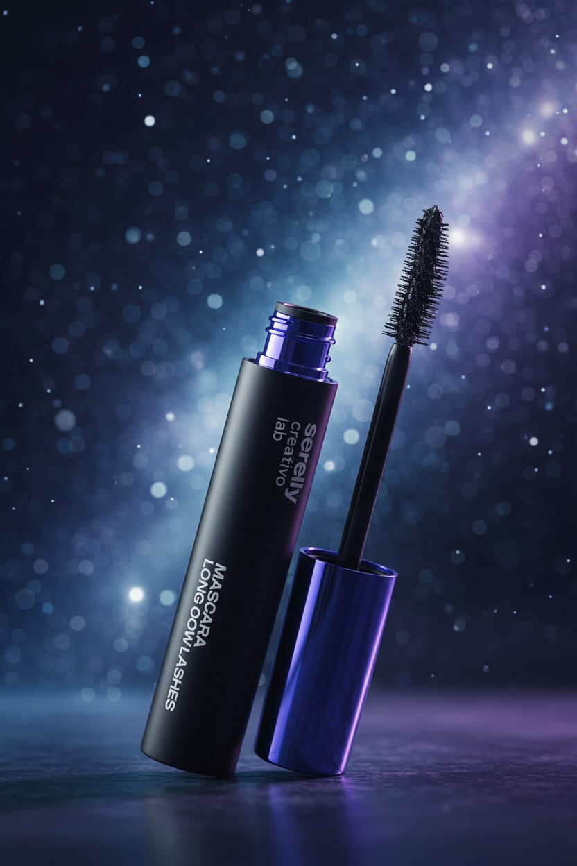 Sarelly mascara tube and wand against a starry violet bokeh background