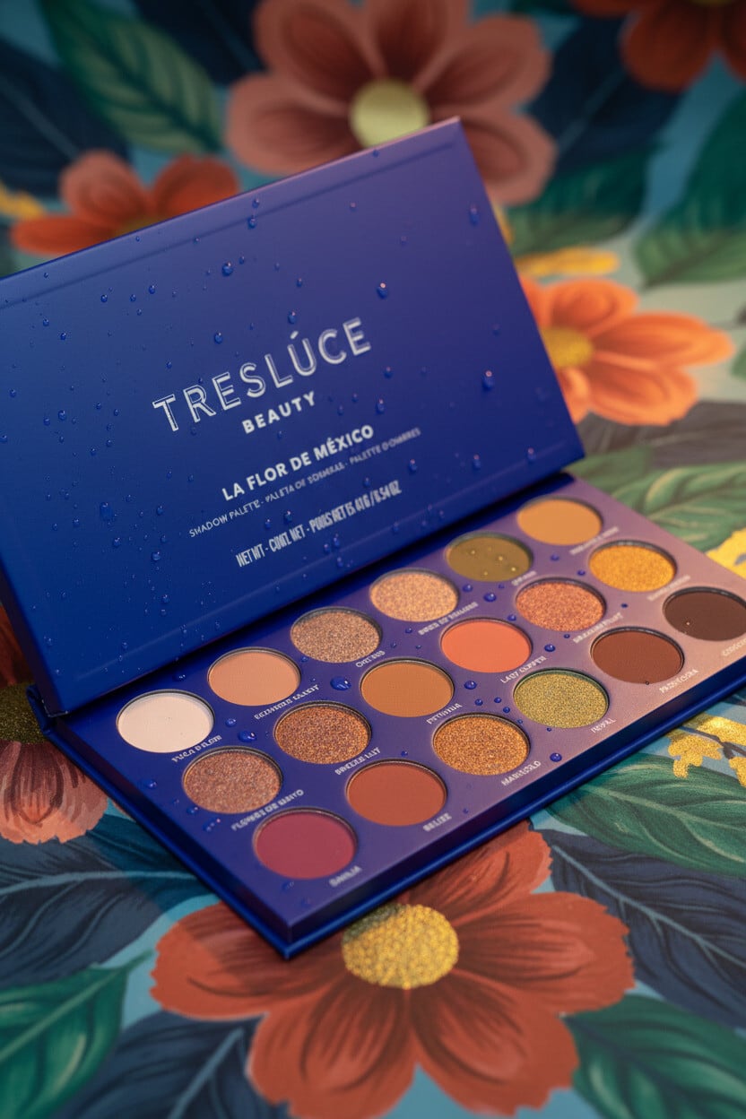 Treslúce La Flor de México eyeshadow palette open on painted orange and magenta flowers