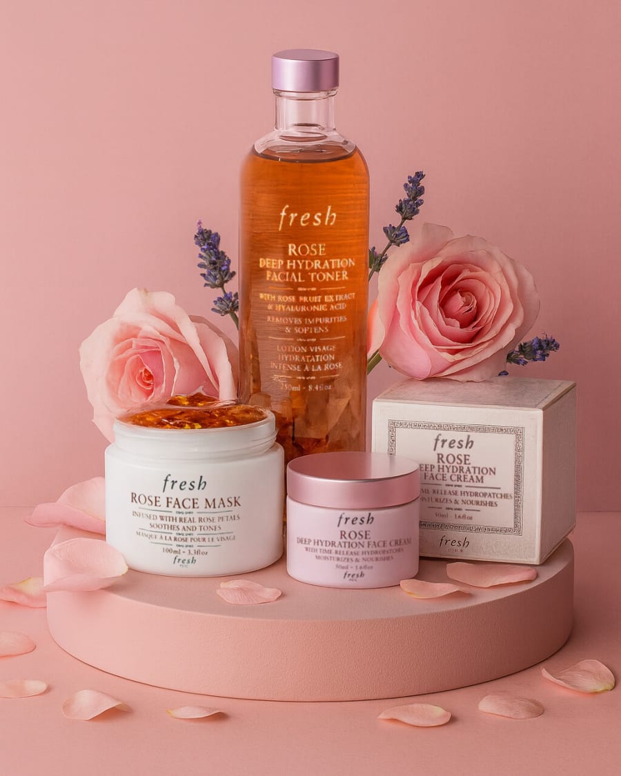 Fresh rose toner, face mask and cream on a pink plinth with roses and lavender
