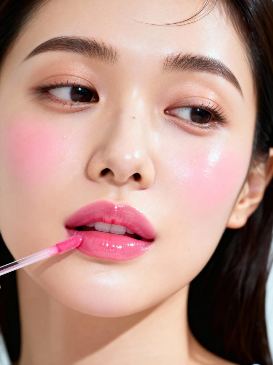 Glossy pink lip tint applied with a wand, pink blush and a dewy finish on white
