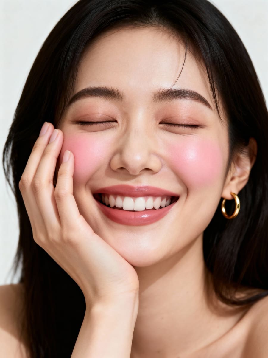 Pink matte blush with a hand cradling the cheek and a gold hoop earring