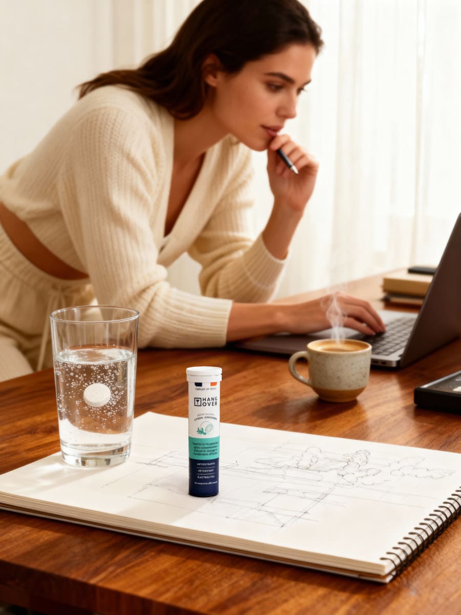 Woman in a cream knit at a desk with a laptop, sketchbook, water glass and Aquapop tube