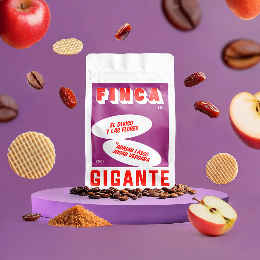 Gigante Finca coffee bag on a lilac podium with flying beans, apples, waffles and dates