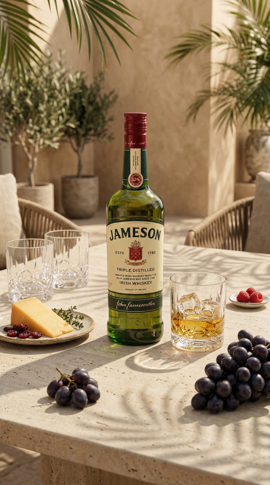 Jameson Irish Whiskey bottle with whiskey on ice, cheese and black grapes on a travertine table