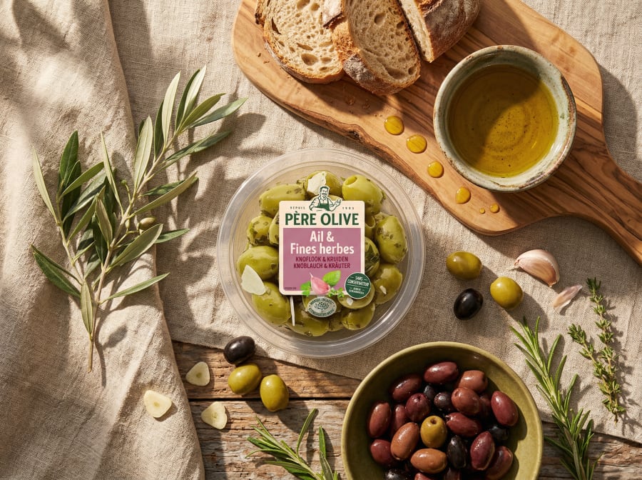 Père Olive garlic and herb olive tub with olive oil, bread and black olives on linen