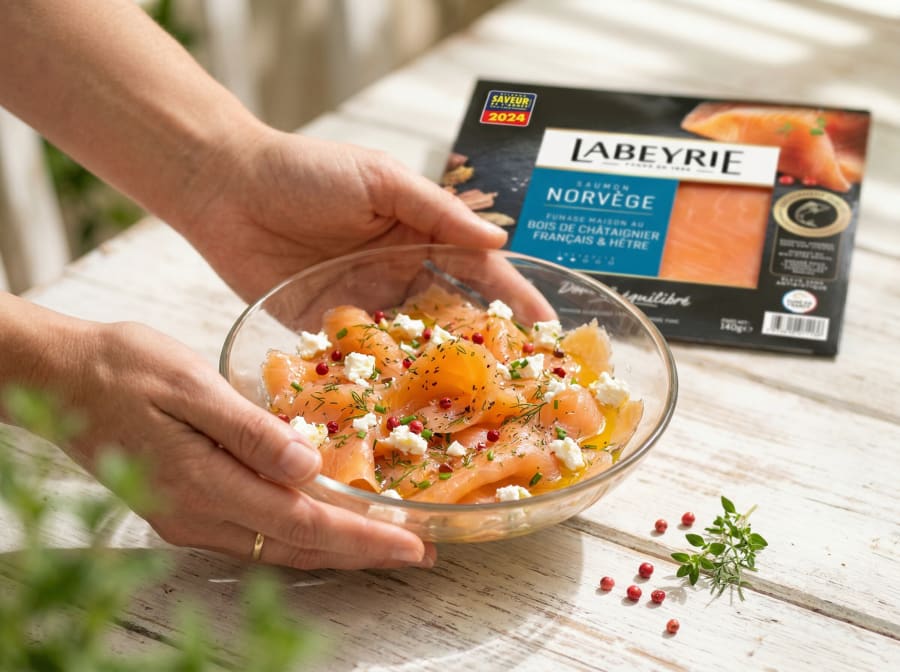 Hands holding a glass bowl of smoked salmon salad beside a Labeyrie Norway salmon pack