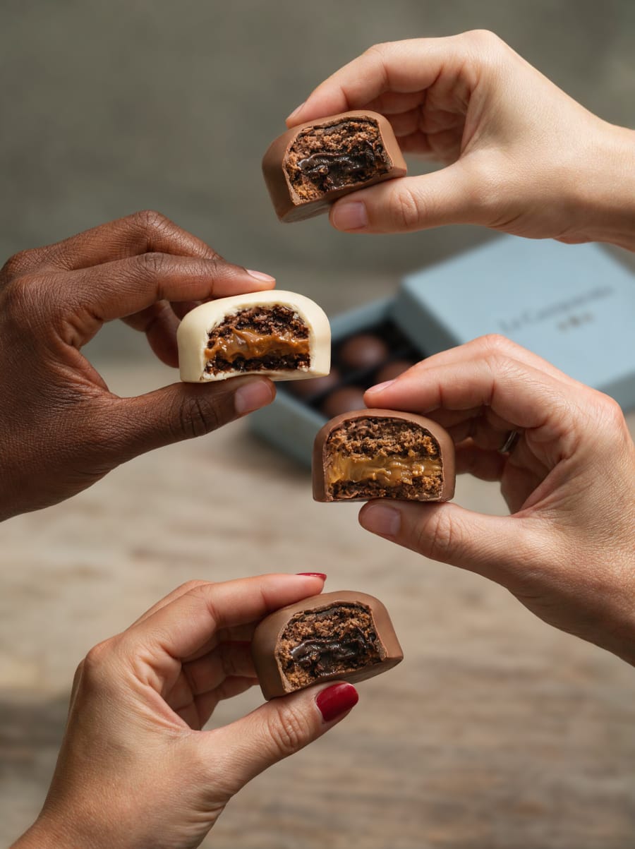 Four hands holding halved chocolate bonbons with dark filling above a Le Gastronomia box