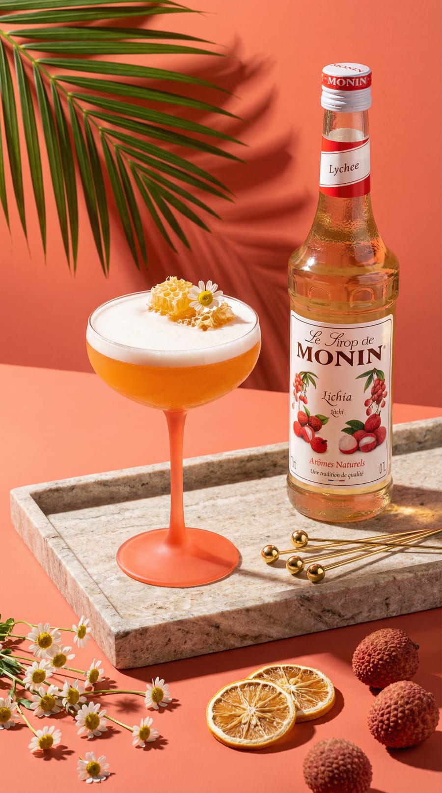 Monin lychee syrup bottle and a foamy coral cocktail on a stone tray with palm shadow