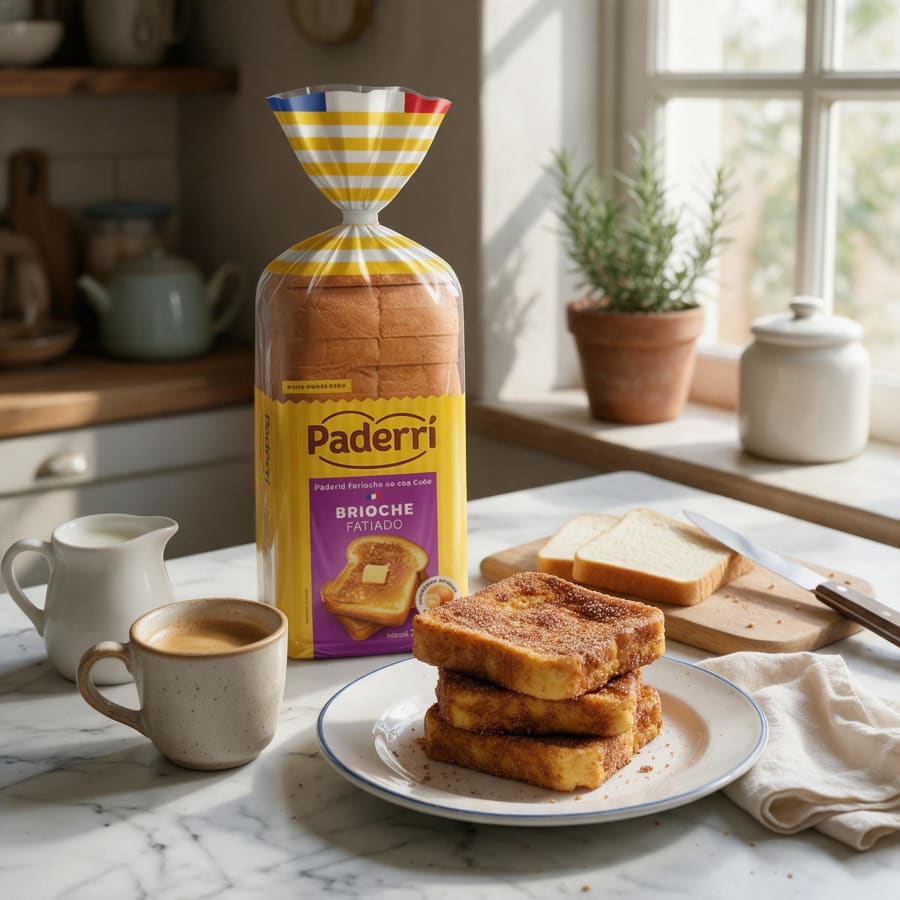 Paderri sliced brioche bag with cinnamon sugar rabanada, coffee and milk on a white marble counter