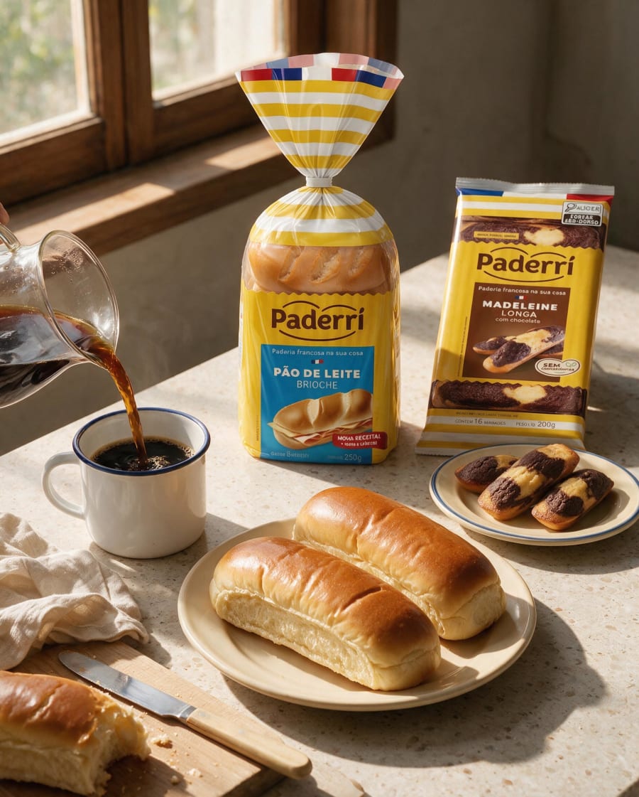 Coffee poured from a glass carafe into an enamel mug beside Paderri pão de leite and marbled madeleines on terrazzo