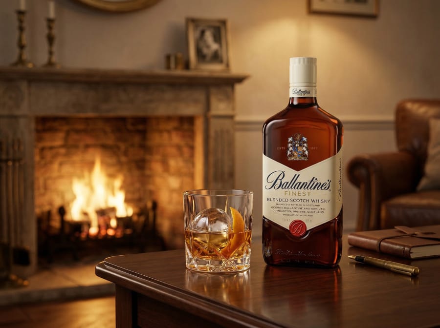 Ballantine's Finest bottle and whisky on ice on a side table by a lit fireplace