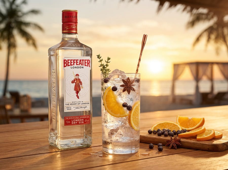 Beefeater London Dry Gin and gin tonic with orange and star anise on a beach bar at sunset