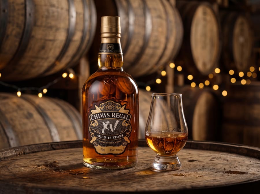 Chivas Regal XV bottle and a nosing glass on a barrel head in a cellar with string lights