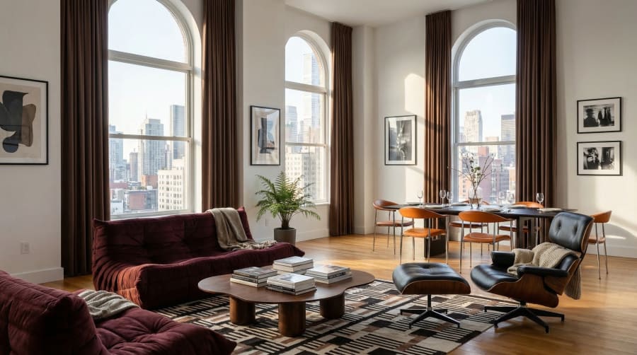 A Manhattan loft with arched windows, burgundy sofas, a leather lounge chair and a graphic rug